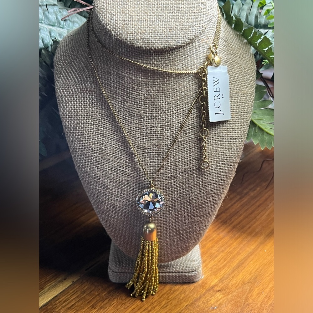 J. Crew Gold Necklace with Crystal Pendant NWT Long 32 grams